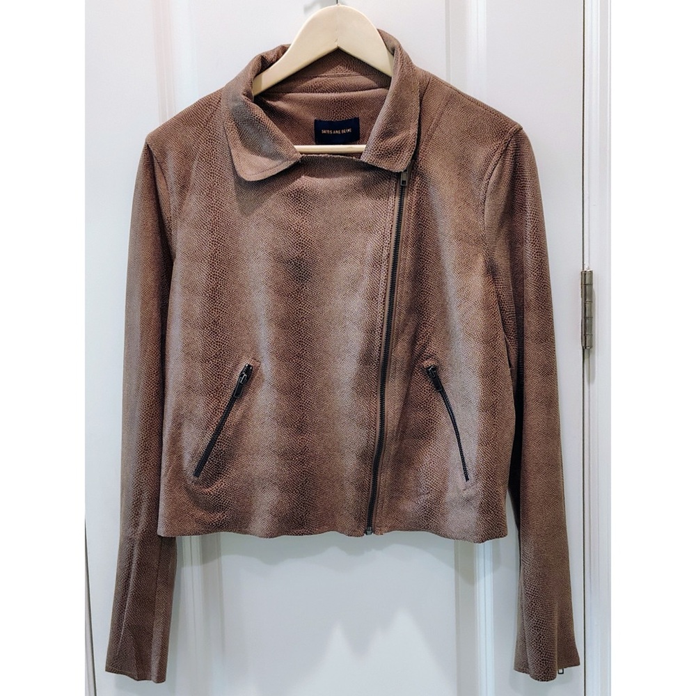 Skies Are Blue Faux Snake Print Brown Moto Jacket NWT - Picture 3 of 11